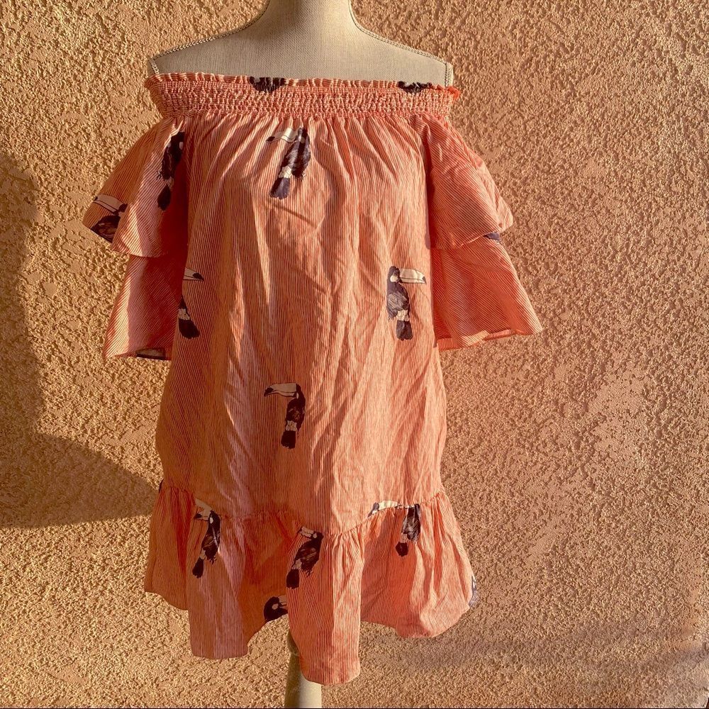 Zara Coral-Striped Off-Shoulder Mini Dress with Toucan Motif